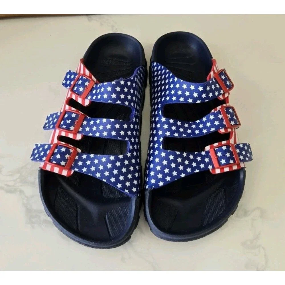Birki’s Birkenstock Santiago Sandals 45 American Flag Stars Stripes 3 Strap Men